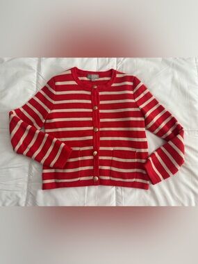 J. Crew Red and Cream EMILIE LADY JACKET Striped Gold-Button Cardigan XS